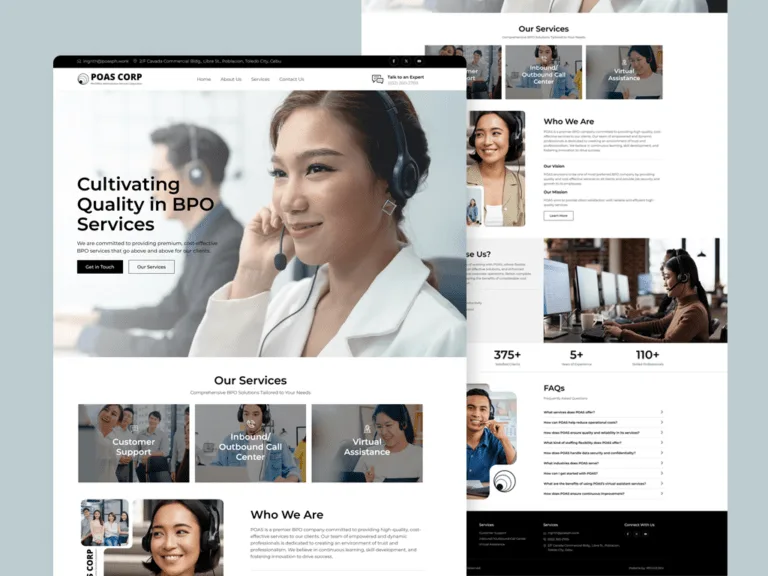 POAS Corp website on a pale blue backdrop, with a 'Cultivating Quality in BPO Services' hero over a headset-agent photo, three service tiles, a who-we-are section, and a scrolled vision, mission, figures and FAQ view behind it.