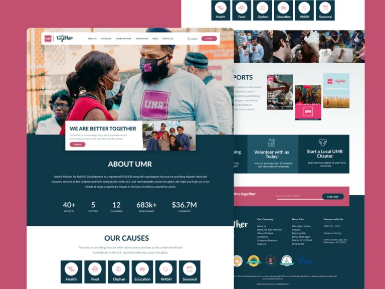 UMR Relief website on a maroon backdrop, with a 'We Are Better Together' hero over a photo of volunteers, an about section with programme figures, a row of cause icons, and a scrolled view of reports and volunteer calls behind it.