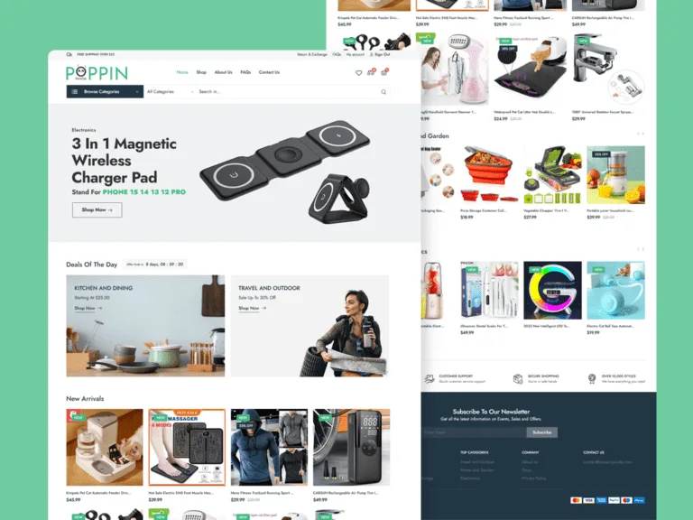 Poppin Panda online store on a green backdrop, with a wireless-charger hero banner, deals-of-the-day and new-arrivals product rows, and a scrolled view of kitchen, garden and electronics listings behind it.