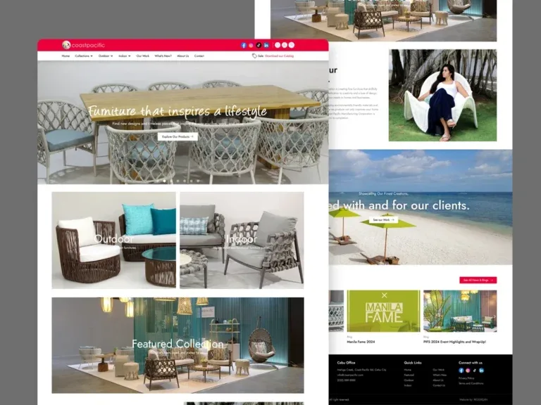 Coast Pacific website on a grey backdrop, with a 'Furniture that inspires a lifestyle' hero over a woven dining set, indoor and outdoor collection tiles, a featured-collection photo, and a scrolled brand-story, beach-scene and blog view behind it.