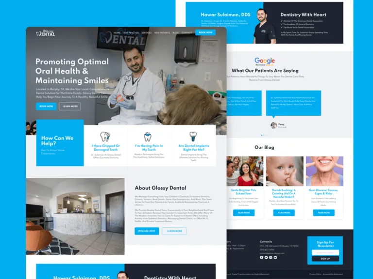 Glossy Dental website on a blue backdrop, with a dentist-and-patient hero photo, a row of treatment prompts, an about section with a clinic reception photo, and a scrolled view of patient reviews and blog cards behind it.