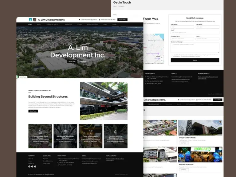 A. Lim Development Inc. website on a dark brown backdrop, with an aerial-photo hero, a 'Building Beyond Structures' about section, four property-category cards, and a scrolled contact-form, map and commercial-property listing view behind it.