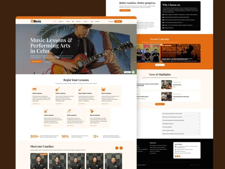 RMusic Performing Arts website on a dark brown backdrop, with a 'Music Lessons & Performing Arts in Cebu' hero over a guitarist photo, a grid of instrument-lesson cards, a coaches row, and a scrolled events-calendar and news view behind it.