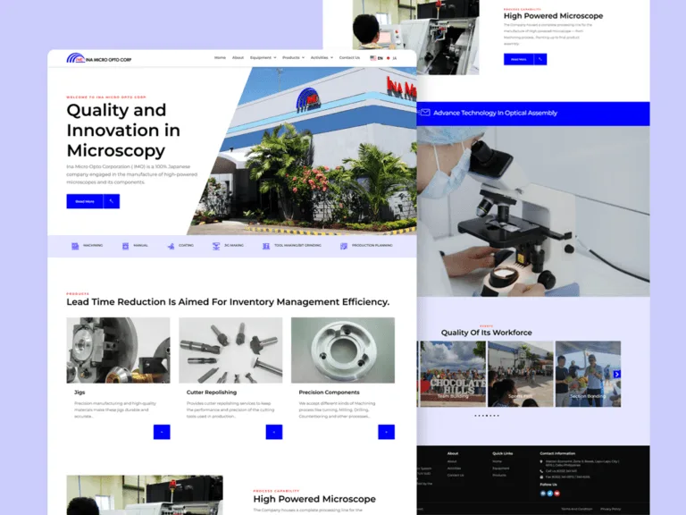 Ina Micro Opto Corp website on a lavender backdrop, with a 'Quality and Innovation in Microscopy' hero beside a photo of the company building, a capability icon row, a precision-components product grid, and a scrolled microscope-assembly and workforce-photo view behind it.