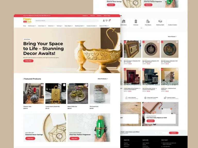 Happy Deals USA online store homepage on a tan backdrop, showing a home-decor banner over a featured-products row of vases, an Islamic book box, a brass coffee set and a Quran box, with a scrolled view of wall-art and perfume listings behind it.