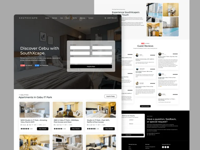 SouthXcape website on a grey backdrop, with a 'Discover Cebu with SouthXcape' hero over a bedroom photo beside an inquiry form, a Cebu IT Park apartment-listing grid with ratings, and a scrolled guest-reviews and contact view behind it.