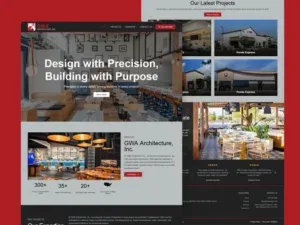 GWA Architecture Inc. website on a red backdrop, shown small, with a 'Design with Precision, Building with Purpose' hero over an interior photo, an about block with three figures, and a scrolled latest-projects grid behind it.
