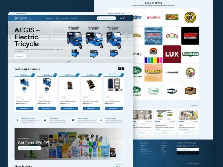Sheridan Marketing online store on a navy backdrop, with an 'AEGIS Electric Tricycle' hero banner, a featured-products row with peso prices, a service-promise strip, and a scrolled shop-by-brand logo grid and article cards behind it.
