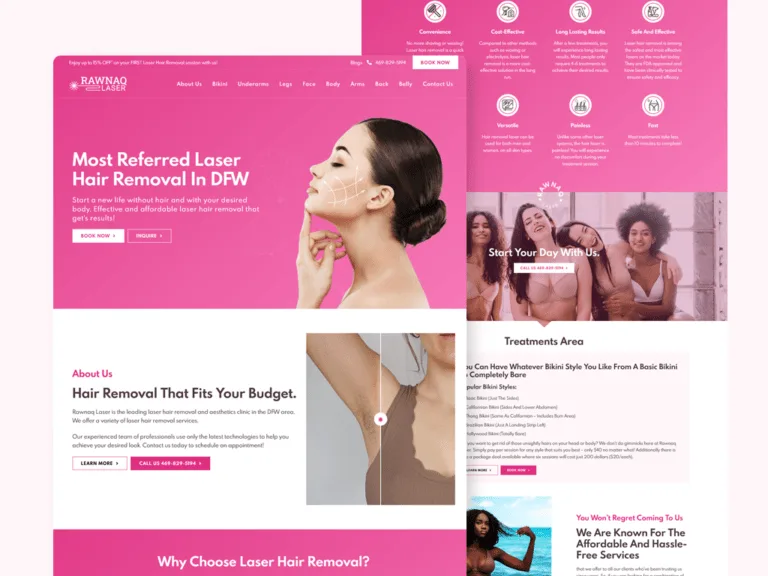 Rawnaq Laser clinic website on a pink backdrop, with a laser hair-removal hero portrait, an about-us section with a before-and-after slider, and a scrolled view of treatment benefit icons and a treatment-areas section behind it.