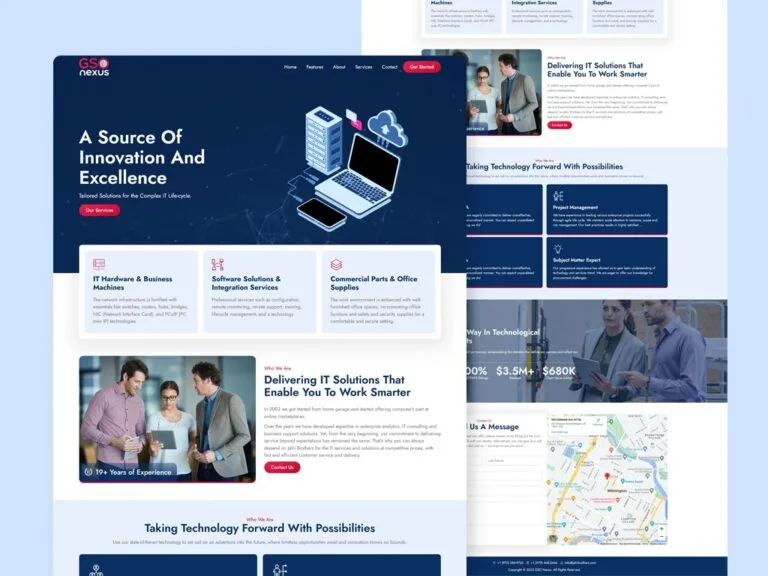 GSO Nexus website on a pale blue backdrop, with a dark 'A Source Of Innovation And Excellence' hero and isometric IT illustration, three service cards, an about section, and a scrolled view of capability panels and a contact map behind it.