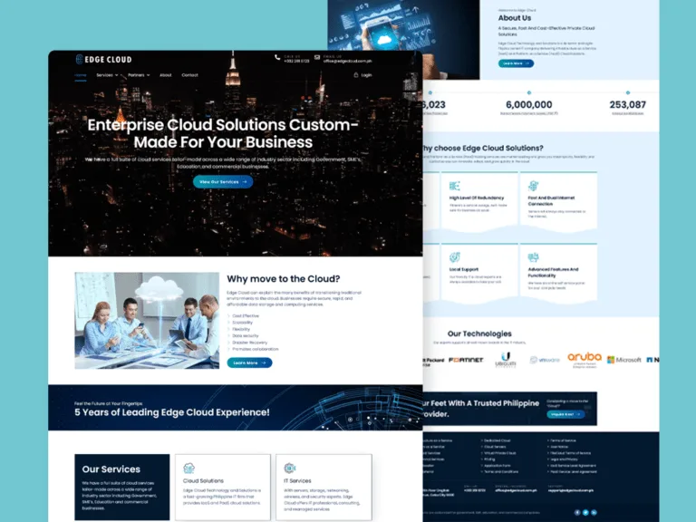 Edge Cloud Technology website on a teal backdrop, with an 'Enterprise Cloud Solutions Custom-Made For Your Business' hero over a night-skyline photo, a why-move-to-the-cloud section, service cards, and a scrolled figures, feature grid and technology-partner logo view behind it.