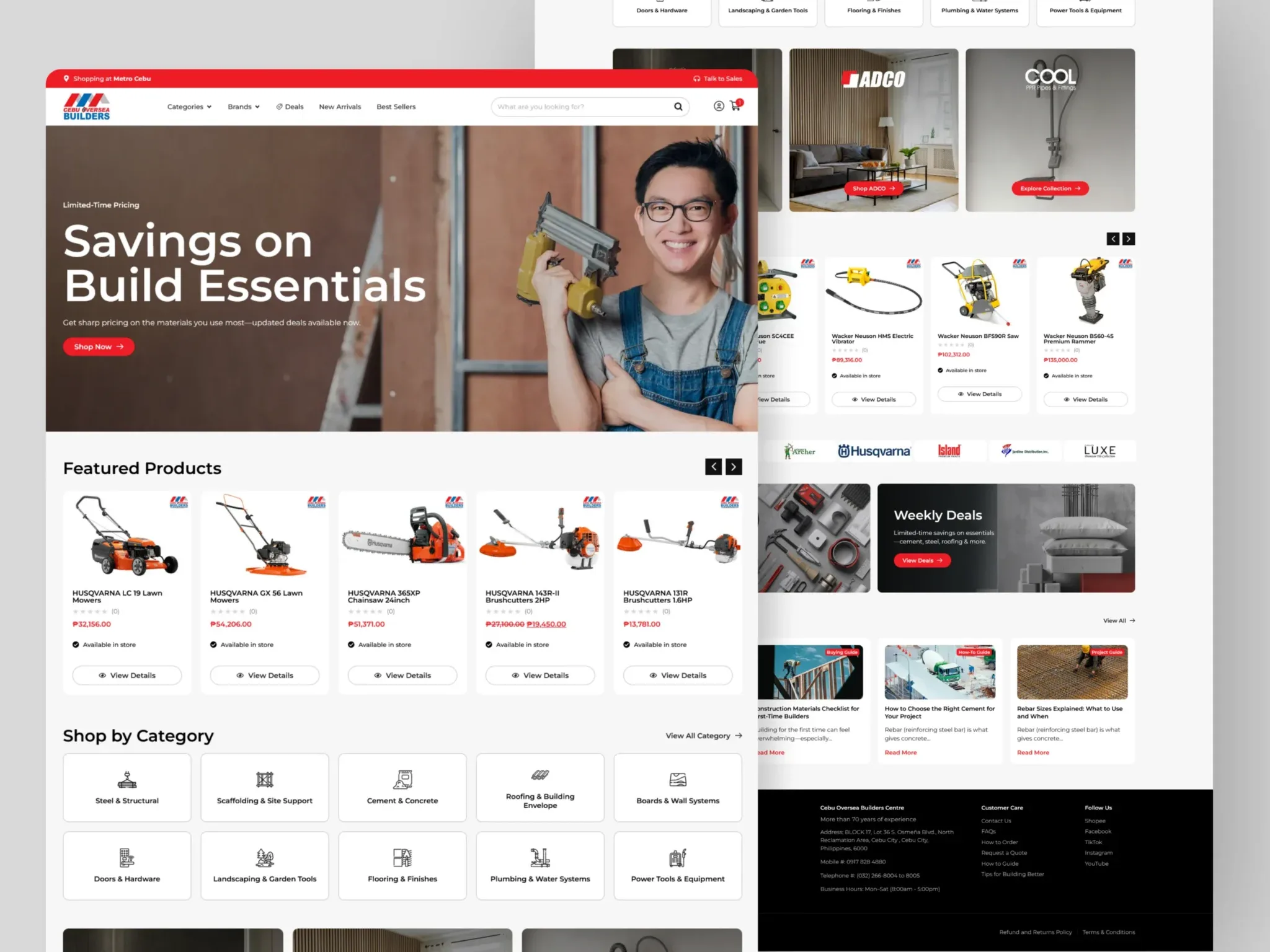 Cebu Oversea Builders online store, with a 'Savings on Build Essentials' hero photo of a worker holding a nail gun, a featured-products row of mowers, chainsaws and brushcutters with peso prices, a shop-by-category icon grid, and a scrolled brand-banner, product and buying-guide view behind it.