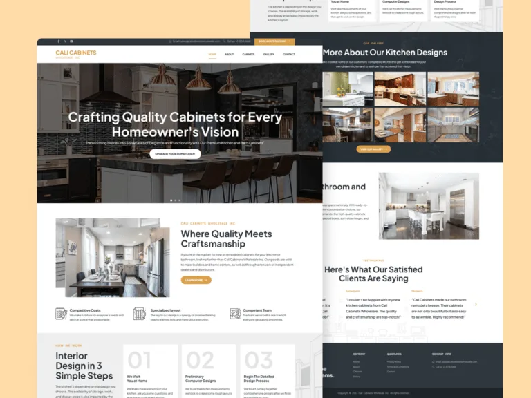 Cali Cabinets Wholesale website on a cream backdrop, with a dark kitchen hero photo, a craftsmanship section, a three-step interior-design process, and a scrolled kitchen-gallery and testimonials view behind it.