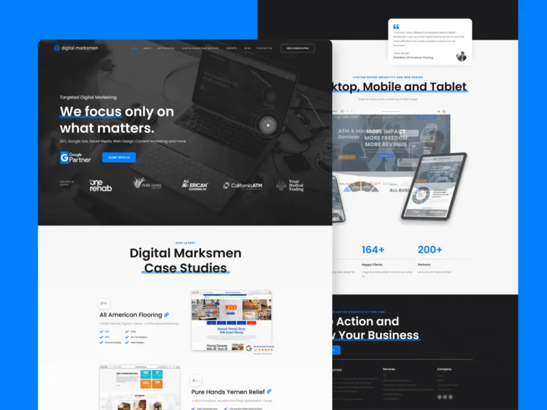Digital Marksmen agency website on a blue backdrop, with a dark 'We focus only on what matters' hero over a laptop photo, a client logo strip, a case-studies section, and a scrolled desktop-mobile-tablet mockup view with a testimonial card behind it.