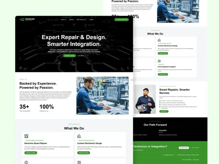 Crosslink Solutions website on a pale green backdrop, with a dark 'Expert Repair & Design. Smarter Integration.' hero over a circuit-board image, an about section with a technician photo, service cards, and a scrolled what-we-do and contact view behind it.