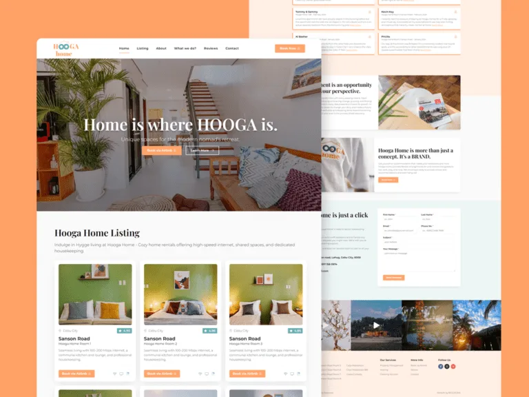 Hooga Home Cebu website on a peach backdrop, with a 'Home is where HOOGA is.' hero over an interior photo, a room-listing grid with Airbnb booking buttons, and a scrolled brand-story, enquiry form and photo strip behind it.