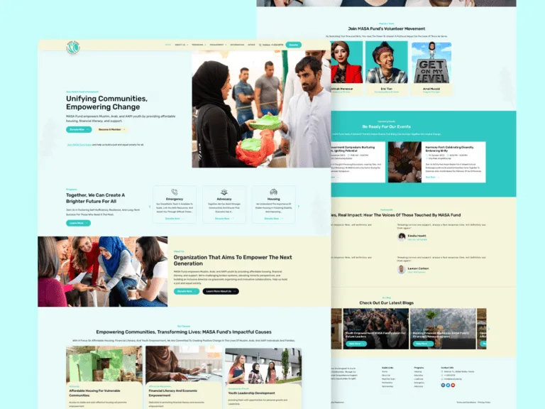 MASA Fund website on a pale teal backdrop, with a 'Unifying Communities, Empowering Change' hero beside a photo of an aid handout, programme cards, and a scrolled view of volunteer portraits, events and blog cards behind it.