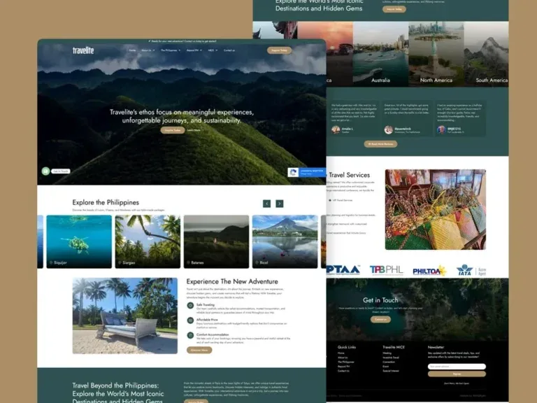 Travelite Travel and Tours website on a tan backdrop, with a hero over a green-hills photo, an 'Explore the Philippines' destination carousel, a new-adventure section, and a scrolled world-destinations, reviews and travel-agency-logo view behind it.
