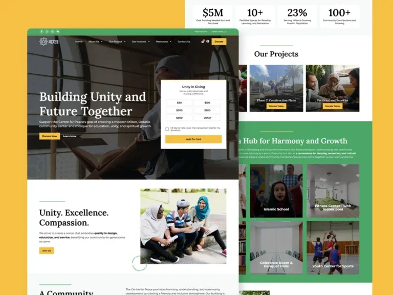 Centre for Peace Foundation website on a yellow backdrop, with a 'Building Unity and Future Together' hero beside a donation-amount panel, and a scrolled green section of community, school, fitness-centre and sports-hall photos behind it.