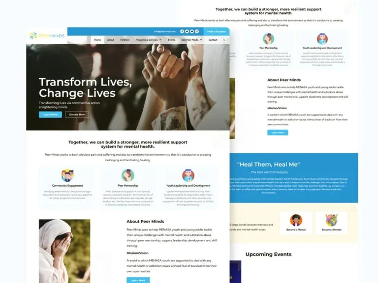 Peer Minds website on a cream backdrop, with a 'Transform Lives, Change Lives' hero over a clasped-hands photo, three programme cards, an about section, and a scrolled mission and upcoming-events view behind it.