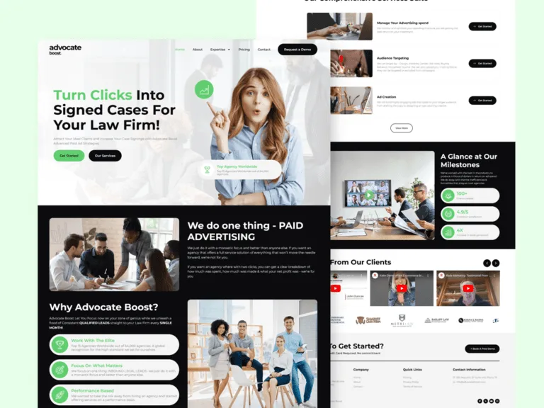 Advocate Boost website on a pale green backdrop, with a 'Turn Clicks Into Signed Cases For Your Law Firm!' hero, a paid-advertising section, a why-us list, and a scrolled view of service rows, milestone figures and video testimonials behind it.
