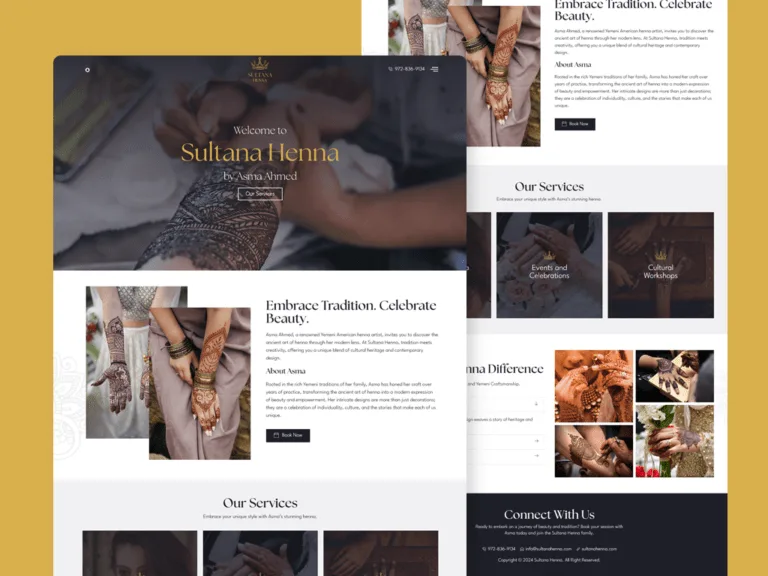 Sultana Henna website on a gold backdrop, with a 'Welcome to Sultana Henna' hero over a henna-application photo, an about-the-artist section with decorated-hand photos, and a scrolled services and gallery view behind it.
