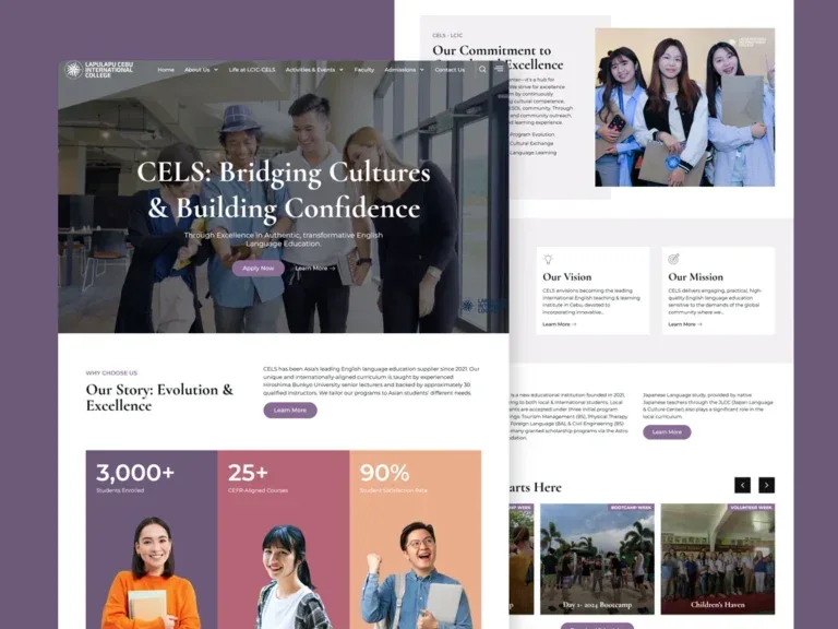 CELS – Lapulapu Cebu International College website on a purple backdrop, with a 'Bridging Cultures & Building Confidence' hero over a student photo, a story section, three coloured student-figure panels, and a scrolled vision, mission and campus-events view behind it.