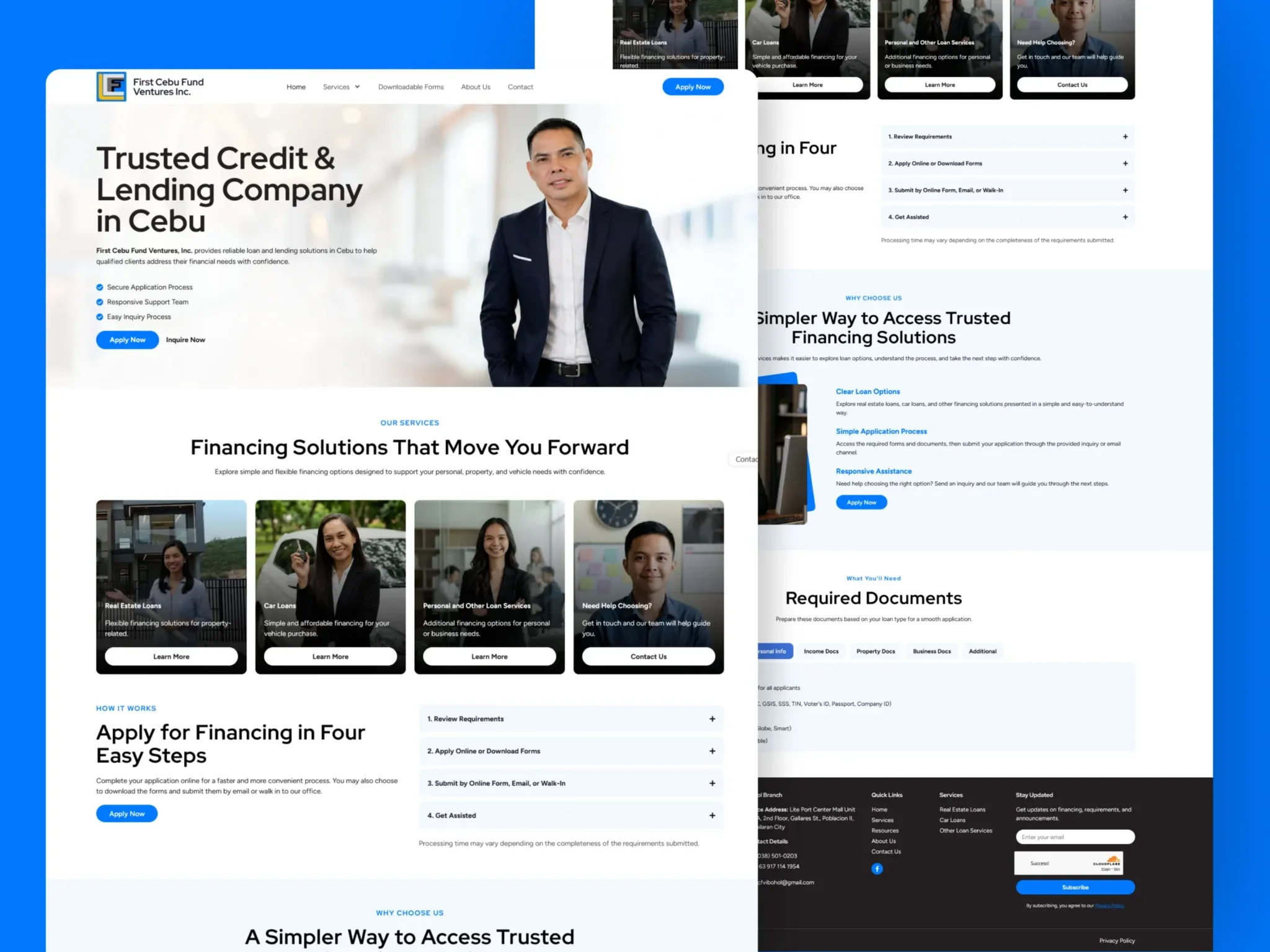 First Cebu Fund Ventures website on a blue backdrop, with a 'Trusted Credit & Lending Company in Cebu' hero beside a portrait in a suit, four loan-type cards, a four-step application section, and a scrolled why-choose-us and required-documents view behind it.