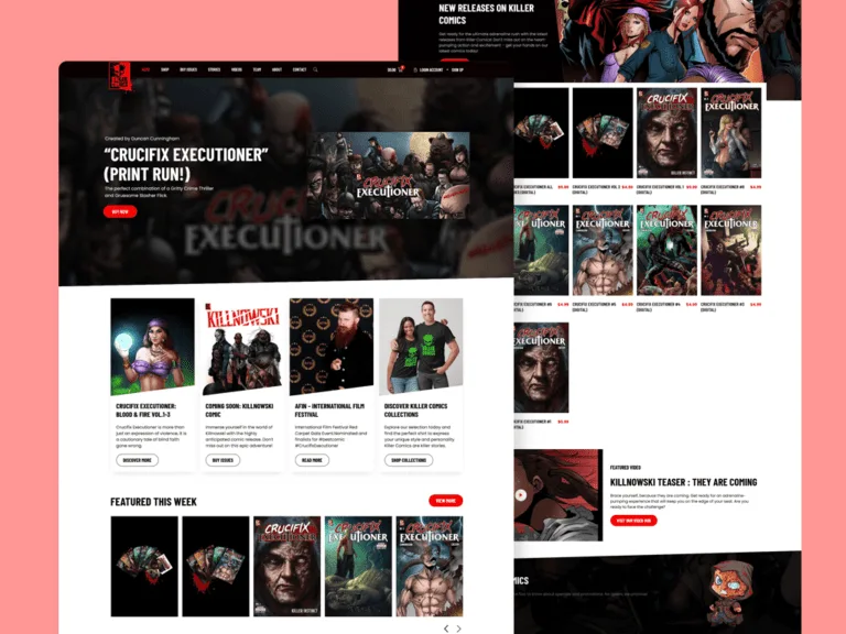 KillerComics online store on a pink backdrop, with a dark comic-series hero banner, a row of title cards, a featured-this-week carousel of covers, and a scrolled comic-issue product grid behind it.