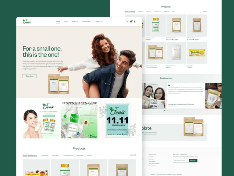 Fenix Health & Beauty online store on a dark green backdrop, with a hero beside a couple photo and supplement pouches, three product promo tiles, a product tab row, and a scrolled product grid with peso prices and customer testimonials behind it.