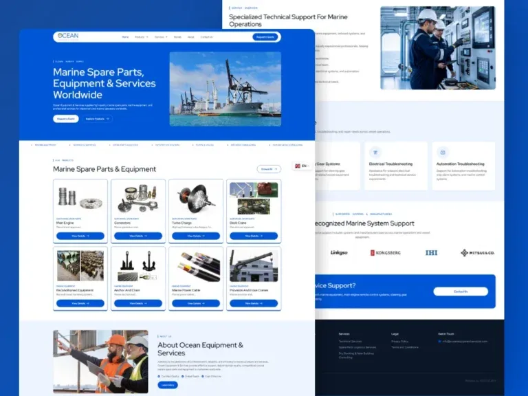 Ocean Equipment & Services website on a blue backdrop, with a 'Marine Spare Parts, Equipment & Services Worldwide' hero beside a port photo, a parts catalogue grid, an about section with engineers, and a scrolled technical-support and manufacturer-logo view behind it.