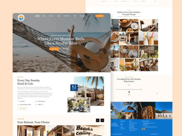 Every Day Sunday Hotel & Cafe website on a peach backdrop, with a beach-hammock hero, an about section with a review score and property photos, a rooms carousel, and a scrolled food-and-interior photo grid behind it.