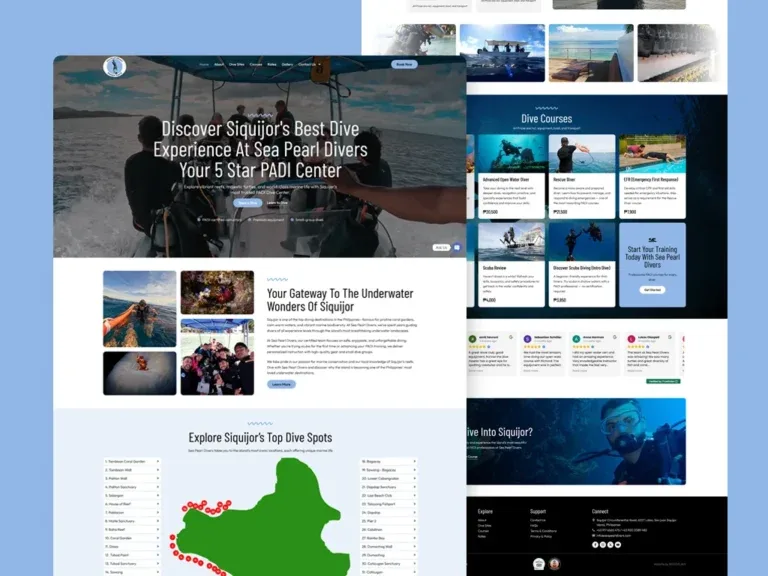 Sea Pearl Divers website on a pale blue backdrop, with a 'Discover Siquijor's Best Dive Experience' hero over a boat photo, an underwater-wonders section with dive photos, an island dive-spot map, and a scrolled dive-course cards and reviews view behind it.
