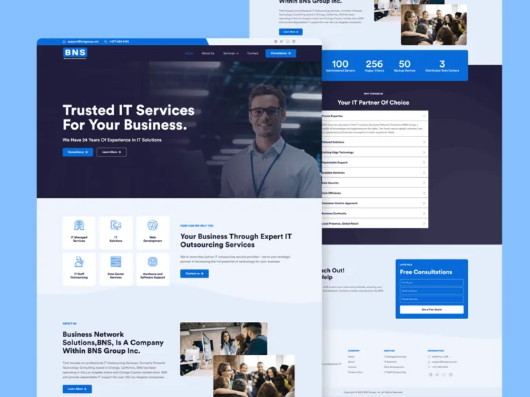BNS Group IT services website on a light blue backdrop, with a 'Trusted IT Services For Your Business' hero, a grid of managed-services icons, an about section, and a scrolled view of an IT-partner list and a free-consultation form behind it.