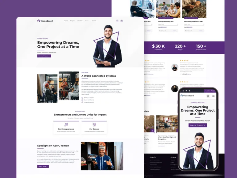 VisionBoard website on a purple backdrop, with an 'Empowering Dreams, One Project at a Time' hero, sections for entrepreneurs and donors, a country spotlight, and a scrolled desktop-and-phone view of project cards and reviews behind it.