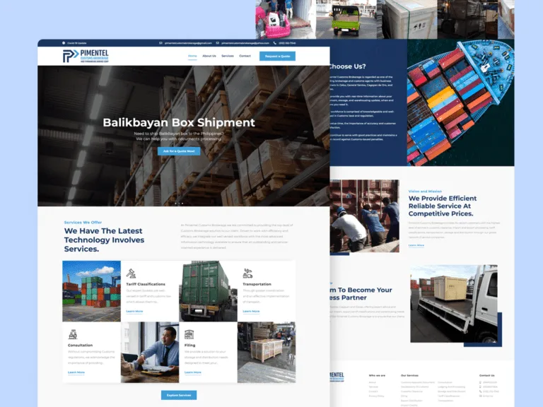 Pimentel Customs Brokerage website on a pale blue backdrop, with a 'Balikbayan Box Shipment' hero over a warehouse photo, a services grid covering tariff classification, transportation, consultation and filing, and a scrolled container-ship, vision-and-mission and cargo view behind it.