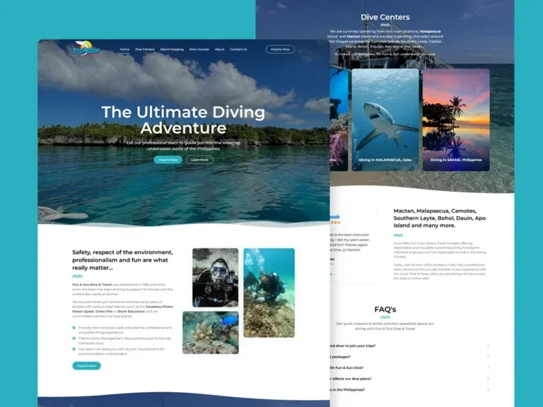 Fun and Sun Dive & Travel website on a teal backdrop, with 'The Ultimate Diving Adventure' hero over a coastline photo, a safety-and-environment section with diver photos, and a scrolled dive-centre locations and FAQ view behind it.