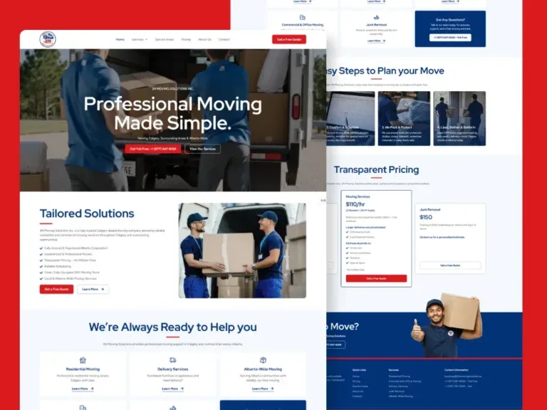3N Moving Solutions website on a red backdrop, with a 'Professional Moving Made Simple' hero photo of movers loading a van, a tailored-solutions section, service cards, and a scrolled plan-your-move steps and transparent-pricing view behind it.