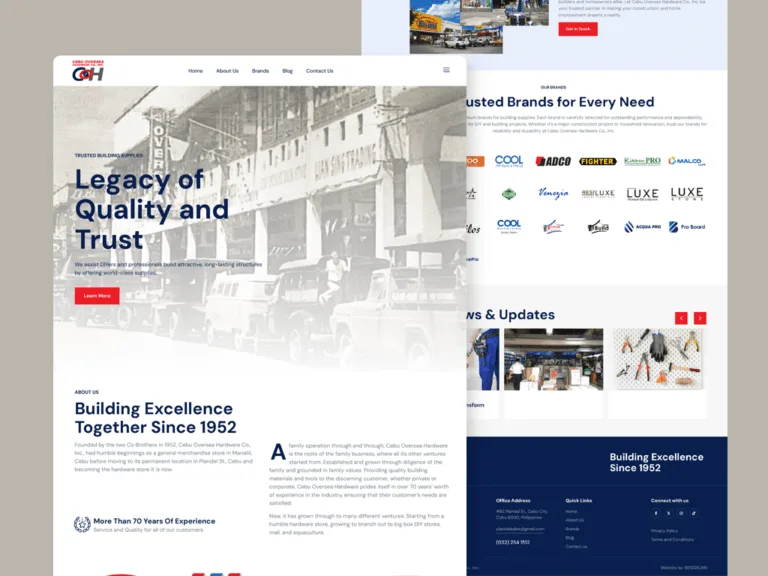 Cebu Oversea Hardware website on a grey-beige backdrop, with a 'Legacy of Quality and Trust' hero over an archival black-and-white storefront photo, a 'Building Excellence Together Since 1952' about section, and a scrolled supplier-brand logo grid and news view behind it.