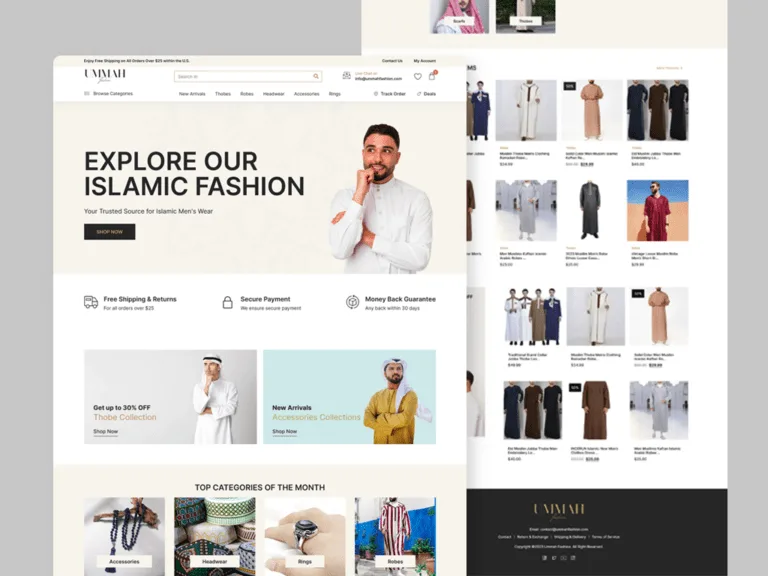 Ummah Fashion online store on a grey backdrop, with an 'Explore Our Islamic Fashion' hero, shipping and payment assurances, thobe and accessories promotions, and a scrolled product grid of men's robes and headwear behind it.