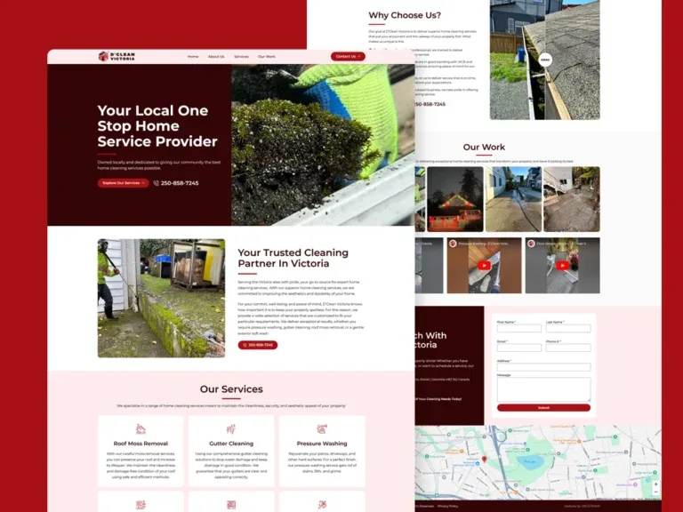 D'Clean Victoria website on a red backdrop, with a 'Your Local One Stop Home Service Provider' hero beside a gutter-cleaning photo, a trusted-partner section, service cards, and a scrolled our-work gallery, contact form and map view behind it.