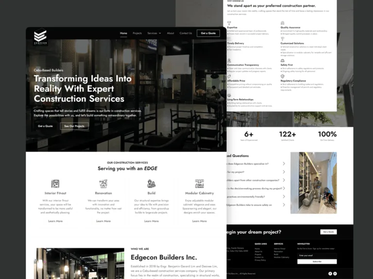 EDGECON Builders website on a dark grey backdrop, with a 'Transforming Ideas Into Reality With Expert Construction Services' hero over an interior photo, four construction-service cards, a who-we-are section, and a scrolled why-choose-us list, figures and FAQ view behind it.