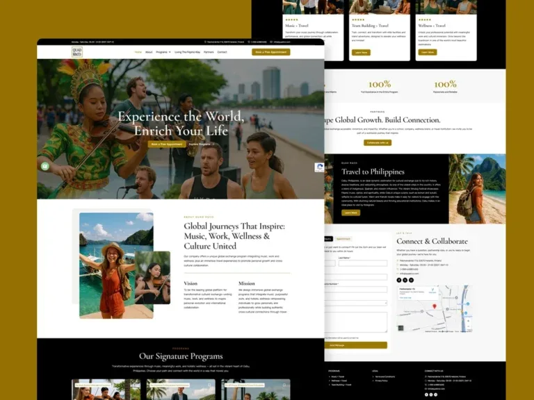 Quad R&CO website on a dark gold backdrop, with an 'Experience the World, Enrich Your Life' hero over a photo of musicians, a vision-and-mission section with travel photos, and a scrolled programme cards, Philippines travel and contact-map view behind it.