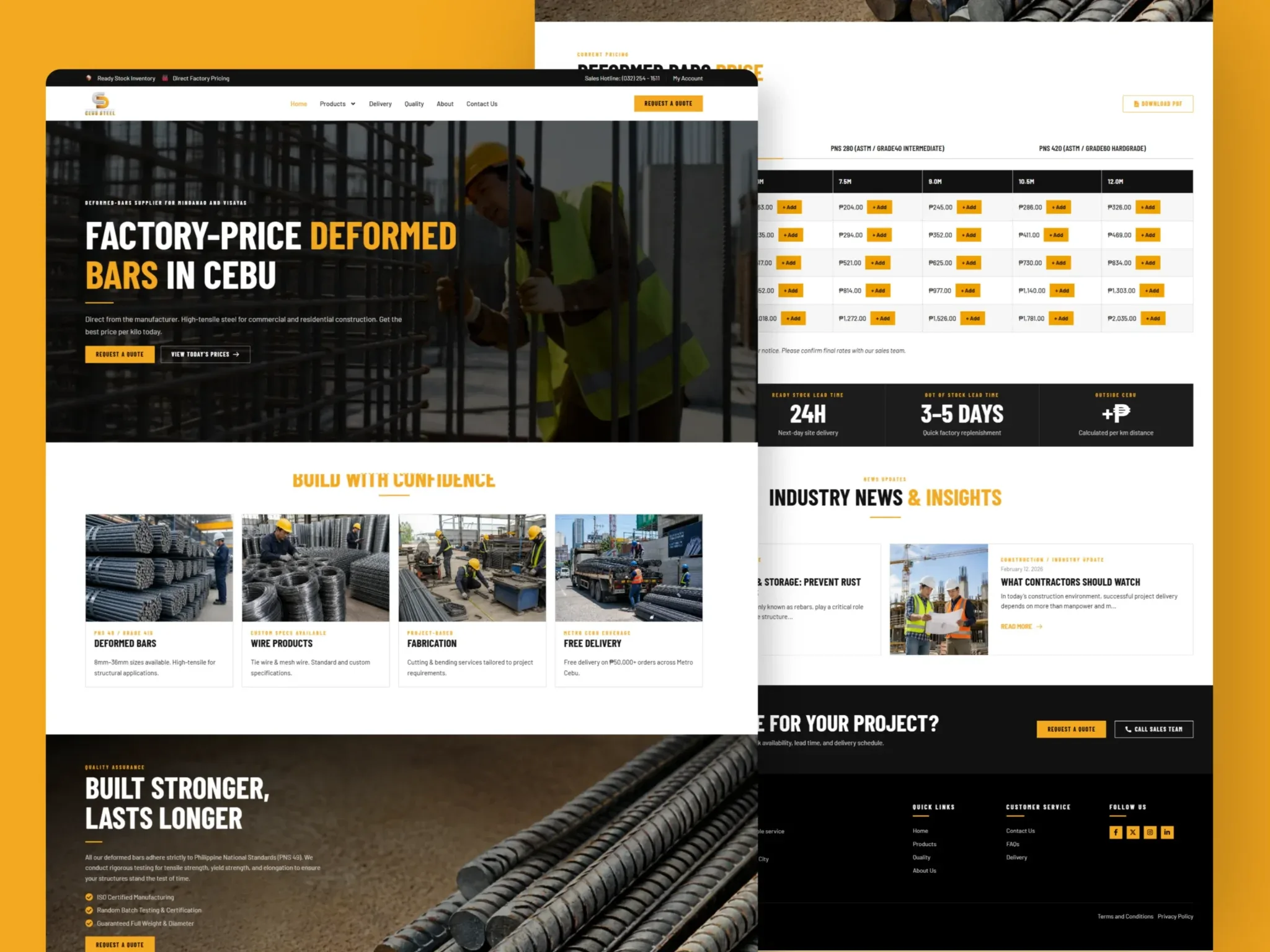 Cebu Steel Corporation website on a yellow backdrop, with a 'Factory-Price Deformed Bars In Cebu' hero photo of a worker among rebar, four product and delivery cards, and a scrolled deformed-bar price table, lead-time band and industry-news view behind it.