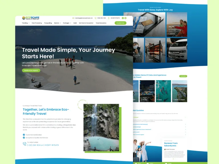 Ecoscape Travel and Tours website on a pale green backdrop, with a 'Travel Made Simple, Your Journey Starts Here!' hero over a beach photo, an eco-friendly travel section with a waterfall photo, and a scrolled tour-photo grid, destination cards and reviews view behind it.