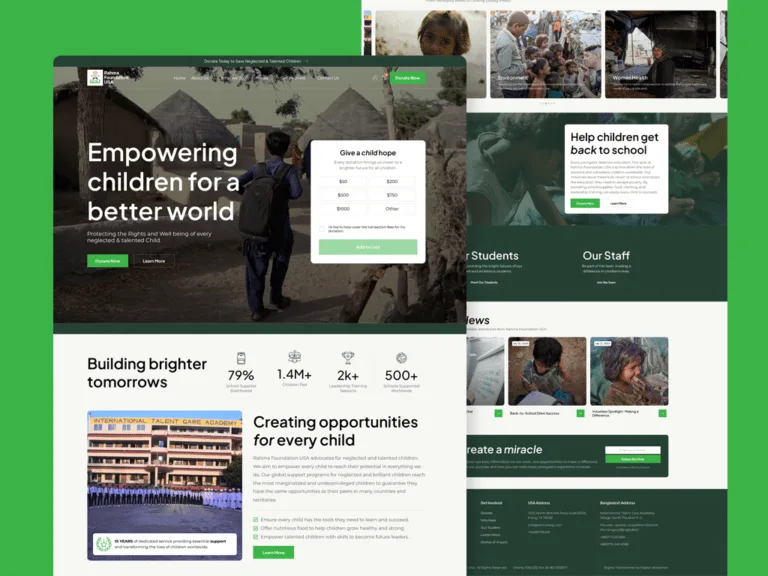 Rahma Foundation USA website on a green backdrop, with an 'Empowering children for a better world' hero beside a donation panel, a row of programme figures, and a scrolled view of student and staff sections behind it.