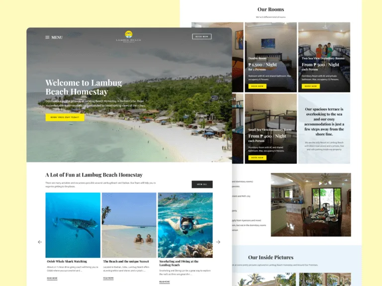 Lambug Beach Homestay website on a pale yellow backdrop, with a 'Welcome to Lambug Beach Homestay' hero over an aerial beach photo, an activities row of whale-shark, beach and snorkelling cards, and a scrolled room-rate cards and interior-photo view behind it.