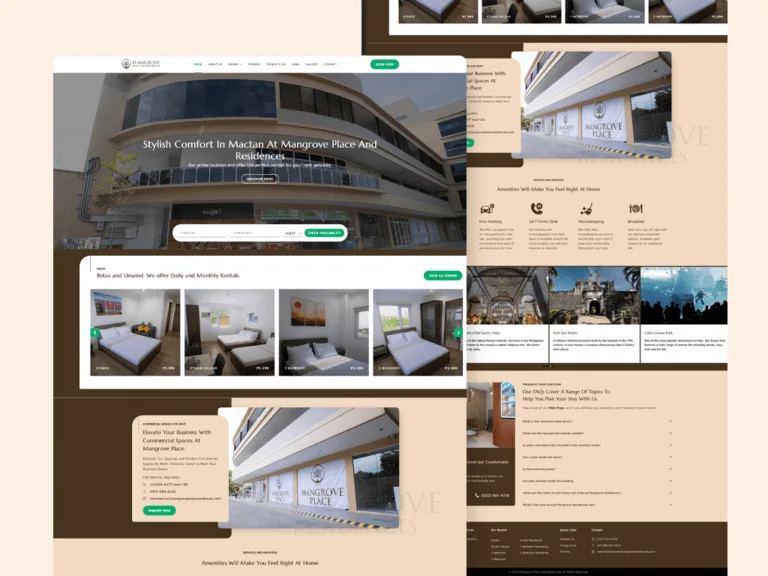 Mangrove Place and Residences website on a beige backdrop, with a 'Stylish Comfort In Mactan' hero over a building photo and an availability-check bar, a room-rate carousel, a commercial-spaces card, and a scrolled amenities icons, nearby-attraction cards and FAQ view behind it.