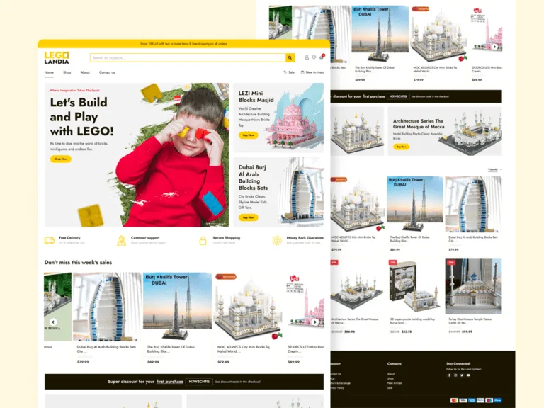 Lego Landia toy store on a cream backdrop, with a 'Let's Build and Play with LEGO!' hero beside brick-set promos, a weekly-sales carousel of landmark model kits, and a scrolled architecture-series product grid behind it.
