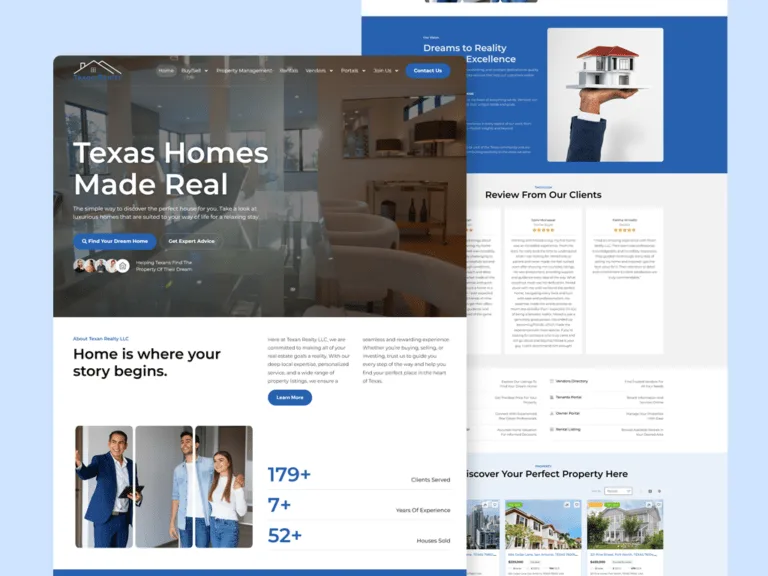 Texan Realty LLC website on a pale blue backdrop, with a 'Texas Homes Made Real' hero over a living-room photo, an about section with agent and client photos, and a scrolled view of client reviews and property listings behind it.